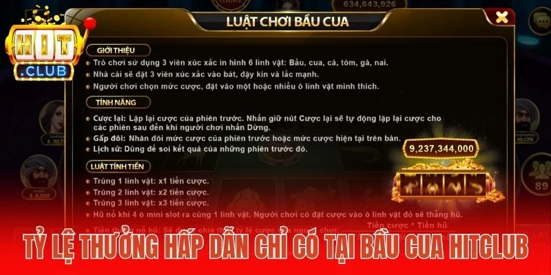 Tỷ lệ thưởng siêu hấp dẫn chỉ có tại Bầu cua Hitclub